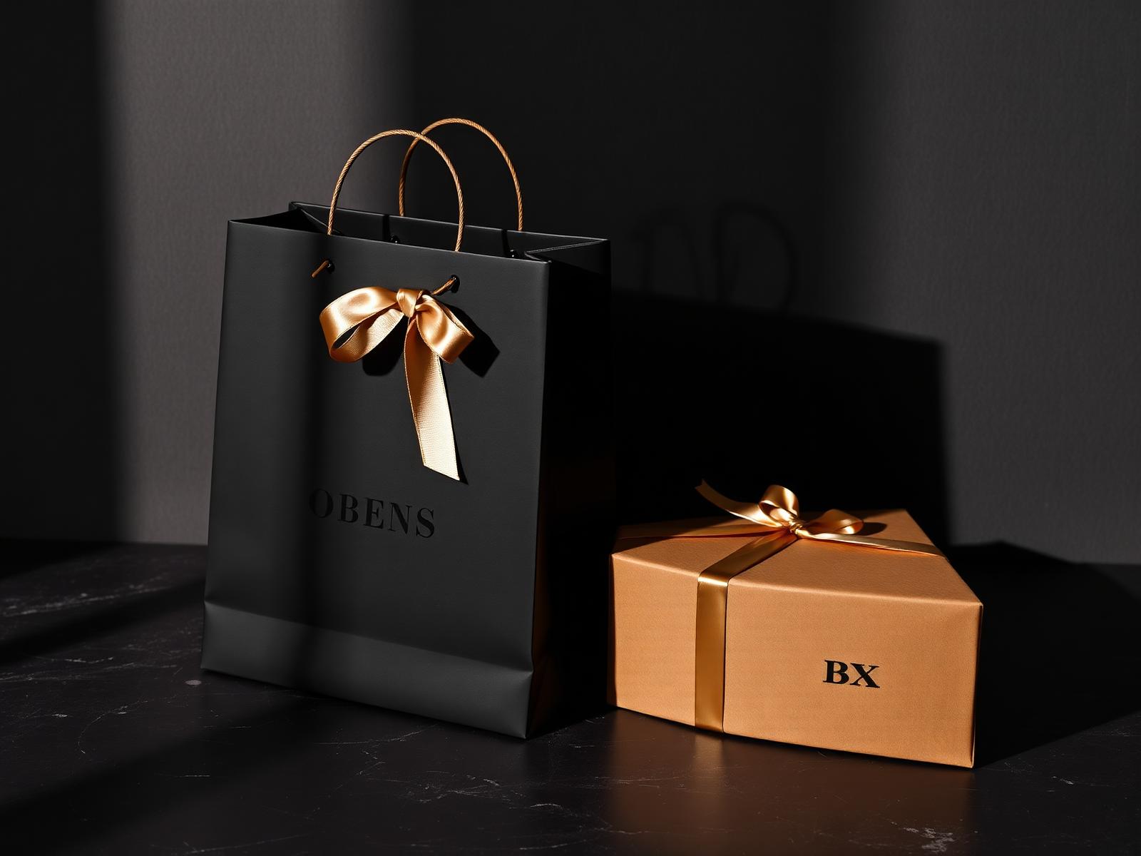 Matte black luxury shopping bag with champagne gold ribbon handles beside a kraft rigid gift box